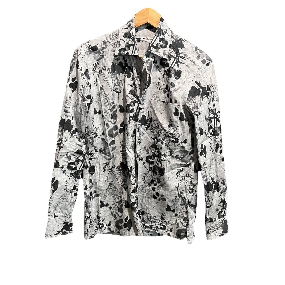 Kiton‎ Gray Floral Cotton Long Sleeve Men's Snap Button Down Shirt Size 38